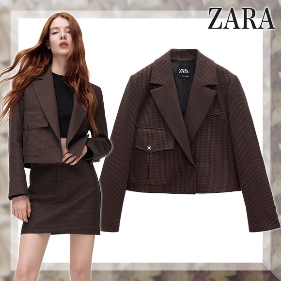 Zara Brown Plaid Cropped Blazer - Picture 1 of 15